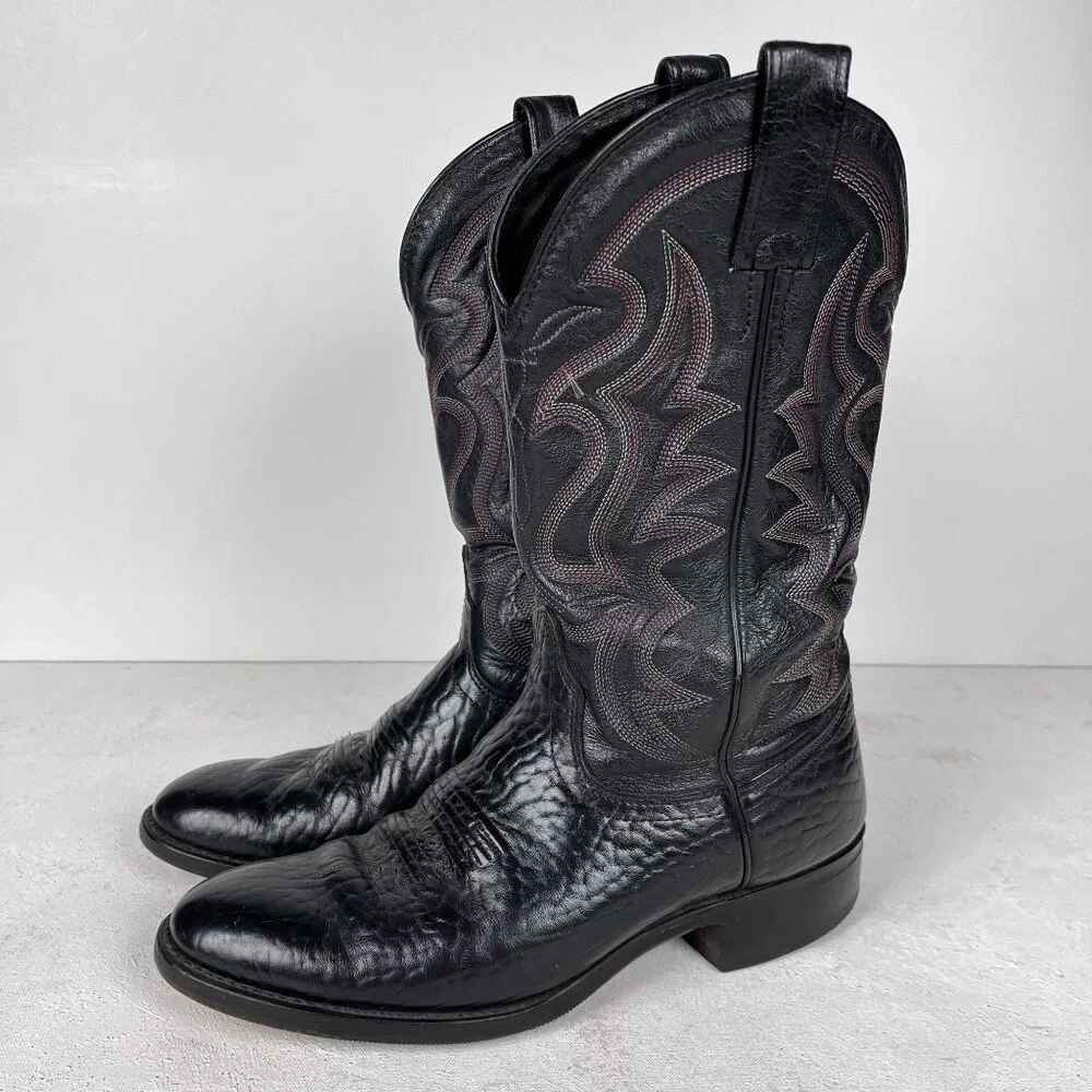 J Chisholm Bullhide‎ Leather Black Cowboy Boots Western Mens 8 D Vintage